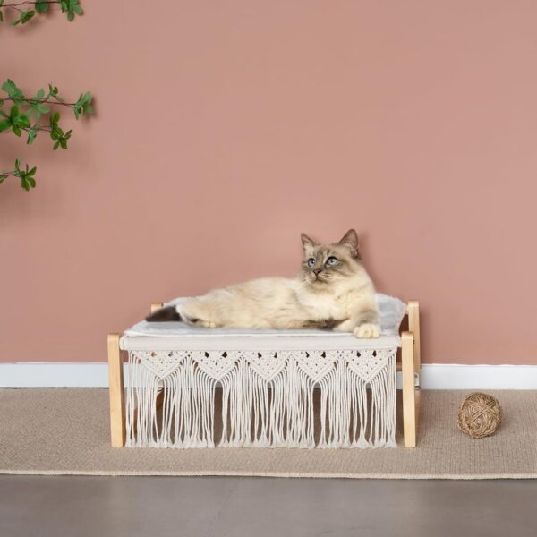 Dahey Boho Cat Bed with Blanket Wooden Cat Hammock Bed for Indoor, Macrame Elevated Pet Beds Breathable Cat Couch Furniture Pet Resting Hammock Cat Chair Gift for Cats and Small Dogs - Image 7