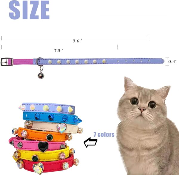 Spiked Leather Cat Collar with Bell and Elastic Strap Kitten Collar for Boys Girls Cats Adjustable Neck 7.5" to 10" (Purple) - Image 3