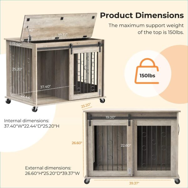 Dog Crate Furniture with Divider for 2 Small to Medium Dogs, Wooden Cage End Table, Heavy Duty Indoor Puppy Kennel with Removable Divider and Sliding Door, Grey, 39.37''W*25.2''D*28.94''H - Image 7