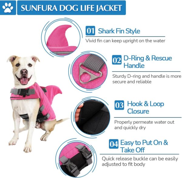 SUNFURA Dog Shark Life Jacket, Adjustable Dog Life Vests for Swimming, Ripstop Dog Lifesaver Puppy Life Jackets with High Flotation, Pet Life Preserver Swimsuits for Small Medium Dogs, HotPink S - Image 3