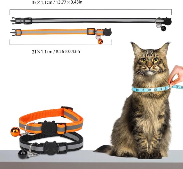 2 Pack Reflective Cat Collars Breakaway with Bells Adjustable Safe Buckle 8.26-13.77 in Cute Kitten Collar Nylon Cat Collars Set for Girl Boy Cats Pet Gifts Supplies Orange Black - Image 2