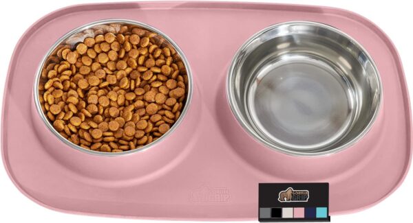 Gorilla Grip 100% Waterproof BPA Free Cat and Dog Bowls Silicone Feeding Mat Set, Stainless Steel Bowl Slip Resistant Raised Edges, Catch Water, Food Mess, No Spills, Pet Accessories, 2 Cup, Pink