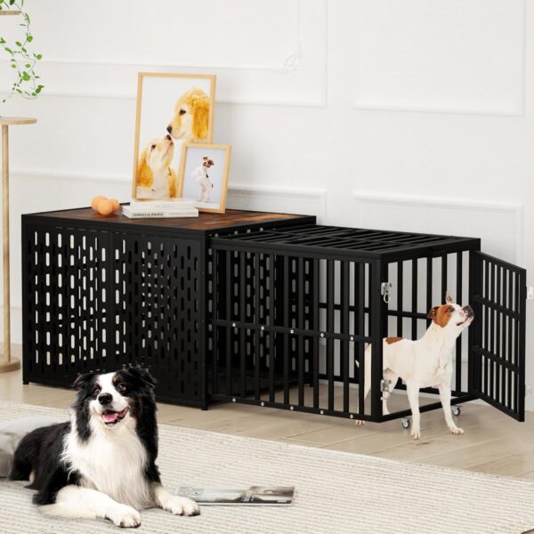 KELIXU Heavy Duty Dog Crate Furniture Dog Cage Kennel Pull-Out Design & 3 Doors, Strong Metal Large Pet Crates and Kennel for Dogs, Length Adjustable from 38” to 70”, Easy to Install, Black