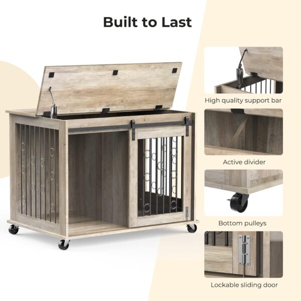 Dog Crate Furniture with Divider for 2 Small to Medium Dogs, Wooden Cage End Table, Heavy Duty Indoor Puppy Kennel with Removable Divider and Sliding Door, Grey, 39.37''W*25.2''D*28.94''H - Image 4