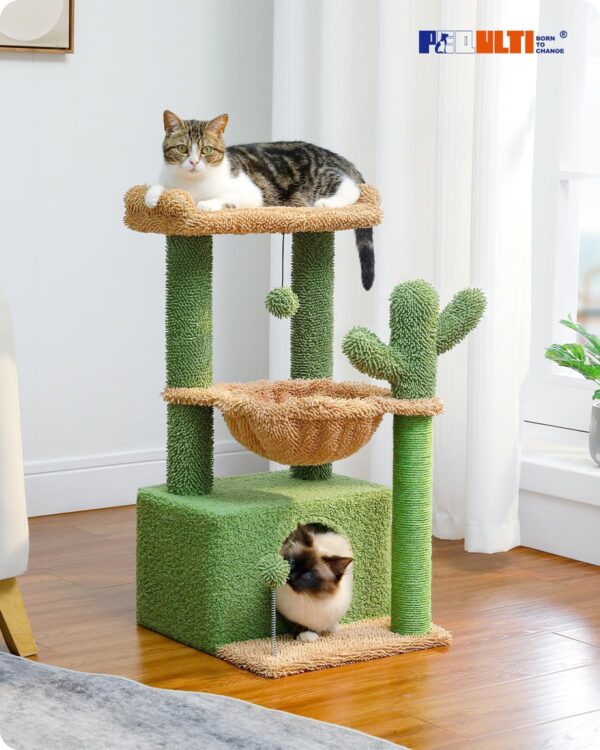 PEQULTI 4-in-1 Cactus Cat Tree, 33'' Cat Tower for Indoor Cats with Large Cat Condo, Cat Scratching Post for Cats with Deep Hammock& Cozy Top Perch,Green - Image 2