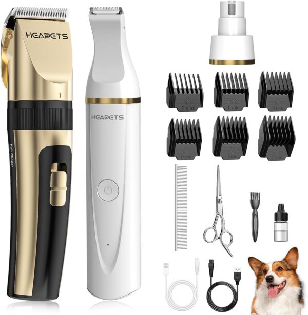 Dog Hair Clippers for Grooming Kit and Dog Paw Trimmer for Grooming, Low Noise Rechargeable Cordless, Shaver Grooming Supplies for Pet Cats Dogs (Gold, White)