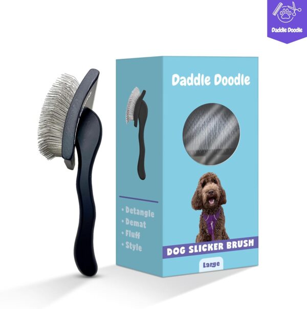 Dog Slicker Brush - Dog Grooming Brush Especially Designed for All Poodles and Doodle Mixes – Fluff, Style, Detangle, and Demat – Ergonomic Handle Design – Soft and Angled Brush Pins - Image 4