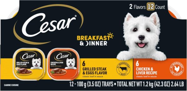 CESAR Adult Wet Dog Food Classic Loaf in Sauce Breakfast and Dinner Mealtime Variety Pack, 3.5 oz. Easy Peel Trays, Pack of 12