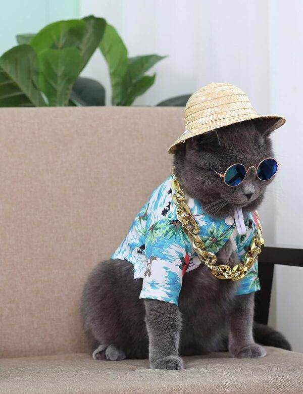 Hawaiian Dog T Shirts Pet Summer Clothes Cat Sunglasses Funny Straw Hat Kitten Costumes with Gold Chain Collar (Medium,Cyan-Blue) - Image 4