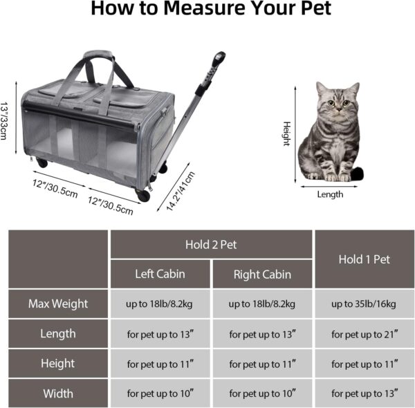 Double-Compartment Pet Rolling Carrier with Wheels for 2 Pets,for Up to 35 LBS,Cat Rolling Carrier for 2 Cats,Super Ventilated Design,Ideal for Traveling/Hiking/Camping - Image 2