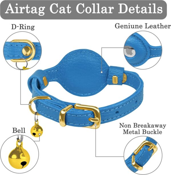 OOPSDOGGY Leather AirTag Cat Collar with Bell - Non Breakaway Kitten Collar with Apple Air Tag Holder - Lightweight GPS Pet Collars for Girl Boy Cats, Small Dogs, Puppies (Blue) - Image 3