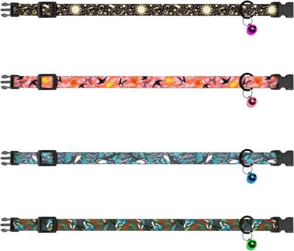 4PCS Breakaway Cat Collars with Bell, Cute Kitty Adjustable Safe Kitten Collars, 4-Pack, Nylon Pet Collars Space Mushrooms Shark Birds Print (Nature) - Image 3