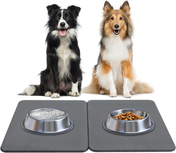 Stone Drying Mat for Dog Bowls, 2 Pack Pet Feeding Mat Water Absorbent Stone Drying Mat for Dog Water Bowl Non-Slip Natural Diatomaceous Earth Stone Mat for Pet Bowls & Kitchen Counter, Gray