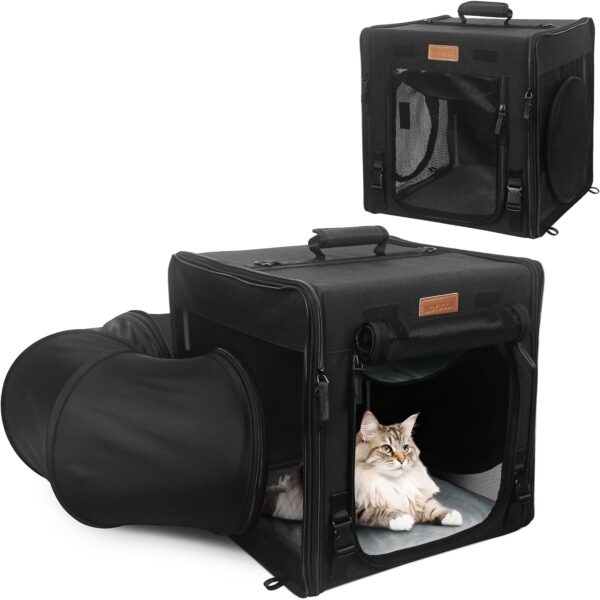 Cat Travel Carrier with Little Box, Various DIY Methods Large Cat Carrier, Cat Carrier Soft with Tunnel Tube-with Flannel Cushion, Hammock, Protable Tote (Black)