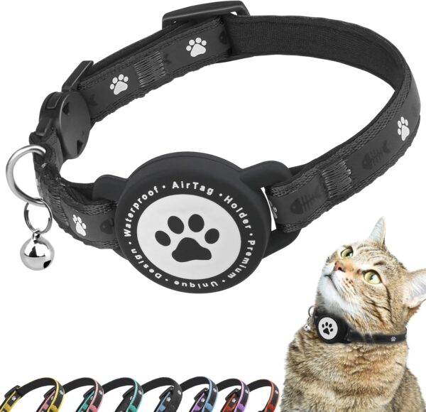 Airtag Cat Collar Breakaway, Reflective Kitten Collar with Apple Air Tag Holder and Bell, Comfortable Padding, Adjustable, Durable, Fits for Girl Boy Cats (Black,XS)