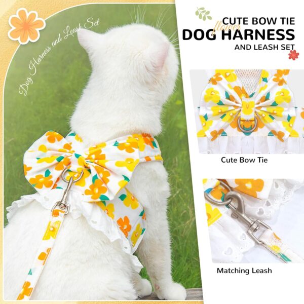 Cute Small Dog Harness and Leash Set No Pull Girl Dog Floral Harness with Bow Tie Soft Mesh Princess Puppy Cats Harness Vest(Yellow,X-Small) - Image 2