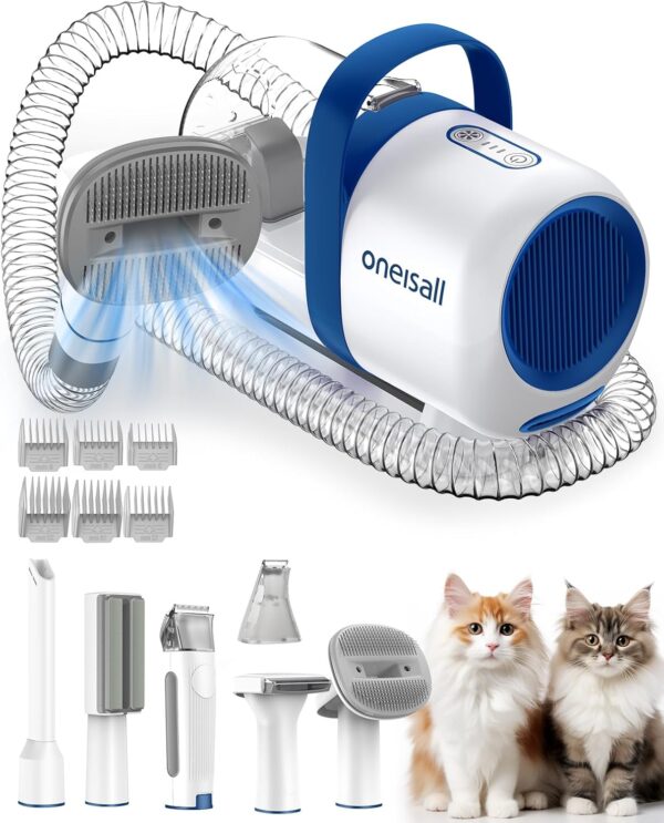 oneisall Cat Grooming Vacuum, Low-noise Pet Vacuum Grooming Kit with Brush & Clippers for Hair Shedding Trimming Grooming, 6 in 1 Cat Vacuum Groomer for Pet Hair Grooming