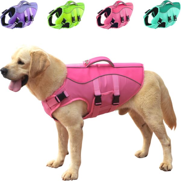 Dog Life Jacket, Reflective Dog Harness Life Vest with Rescue Handle for Swimming Boating, Adjustable High Buoyancy Flotation Swim Vest for Small Meium Large Dogs - Pink, M