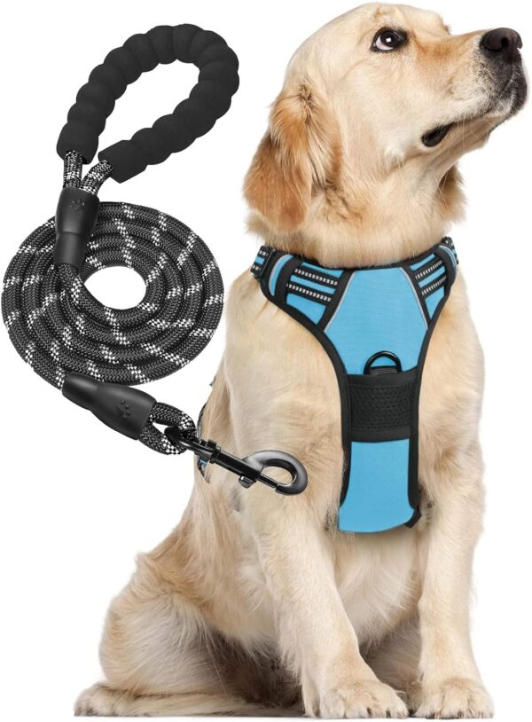 Dog Harness and Leash Set, No Pull Dog Harness with 2 Leash Clips and 3 Buckles, Adjustable Reflective Soft Padded Dog Vest with Easy Control Handle (Blue, Large)