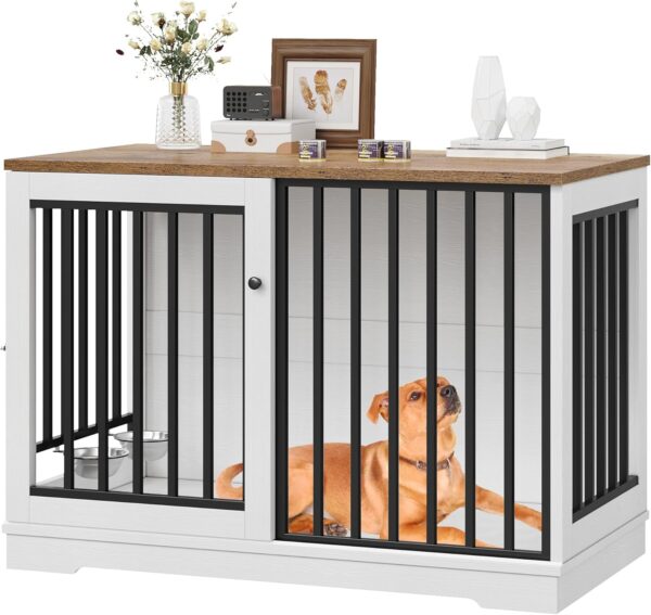 Dog Crate Furniture 47" Large Dog Kennel for Dogs Indoor, Heavy Duty Dog Cage with Sliding Door and 2 SUS Bowls Wooden End Table in Living Room for Small Medium Large Dogs, White