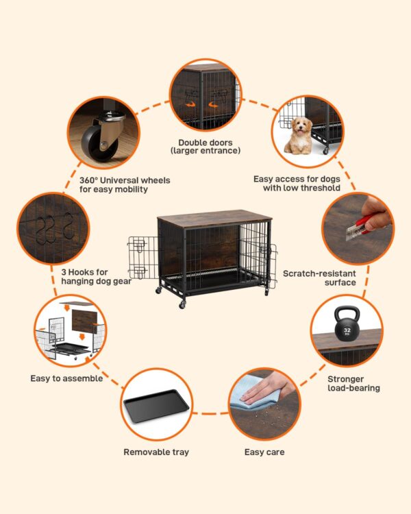 Dog Crate Furniture, 2024 New Furniture Style Dog Crate with Removable Tray and Wheels, Heavy-Duty Double-Doors Dog Cage End Table, 32.5" Wooden Dog Kennel, Indoor Dog House for Large Dogs, Brown - Image 4