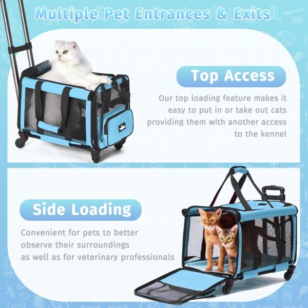 Large Cat Carrier with Wheels, Foldable Rolling Cat Carrier for 2 Cats with Wheels for Cat Dog Under 30 lbs, Cat Carrier Travel Bag with Large Pocket for Outdoor, Blue - Image 5