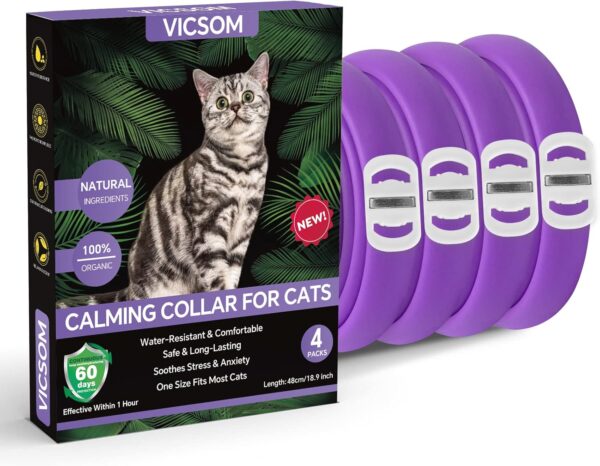 VICSOM Calming Collars for Cats, Cats Calming Collar, Pheromone Calm Collar for Cats, Waterproof Adjustable Natural Cat Calming Collars with 60 Days Anti Anxiety Relief Stress Effect, 4PCS Purple