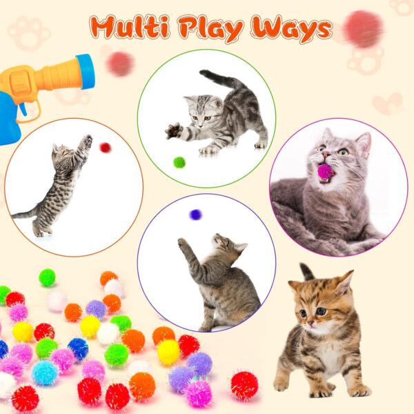 BooTaa Pet Toys, Interactive Cat Toy Set, 80pcs Glitter Pom-Poms Cat Ball Toy with 1 Launcher, Safe Soft Cat Toy Balls for Fetch, Training, Playing - Image 4