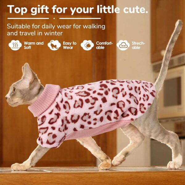 SUNFURA Leopard Print Sphynx Cat Sweater, Turtleneck Cat Sweaters for Cats Only, Kitten Winter Coat Fleece Pullover with Sleeves for Hairless Cats, Soft Stretchy Cat Pajamas Clothes, Pink M - Image 5