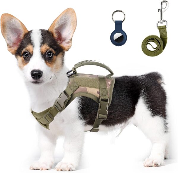 Tactical Dog Harness for Small Dogs with Handle, Military Service Dog Vest and Leash Set for Outdoor Training Walking Hiking, Adjustable (Black, Camo)