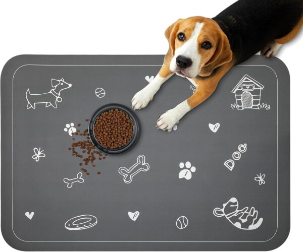 Dog & Cat Food Mat for Food and Water bowl, Absorbent & Quick Dry Pet Food Mat for Floor Waterproof, Easy Clean Anti-Slip Dispenser Mat, Pet Accessories Supplies for Messy Drinkers (Grey, 12"x19")