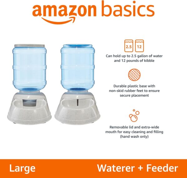 Amazon Basics Automatic Dog Cat Water Dispenser Gravity Feeder and Waterer Set, Large, 12-Pound Food Capacity, 2.5-Gallon, Gray - Image 2