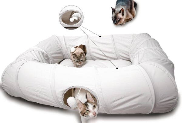 4 Ways Shuttled XL Cat Tunnel Bed for Indoor Cats Peekaboo Cat Cave Donut with Cool Mat