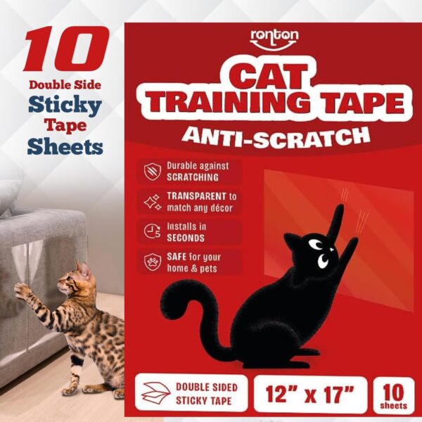 Cat Scratch Deterrent Tape - Anti Cat Scratch for Furniture | 100% Transparent - Double Sided Cat Training Tape | Pet & Kid Safe | Couch, Door, Furniture Protector (10 Sheets)