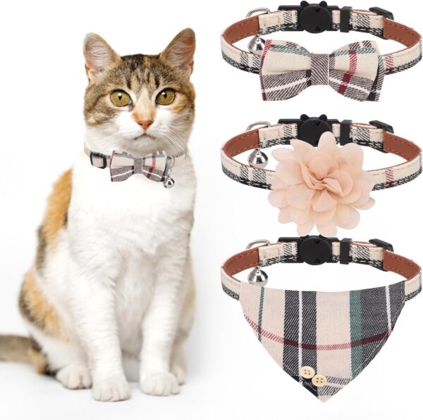 KOOLTAIL Cat/Kitten Collar Breakaway with Bells and Bowtie, 3 Packs Cute Bandana Cat Collars,Plaid Design with Safety Buckle Adjustable Size for Small Cats Boys or Girls,Beige