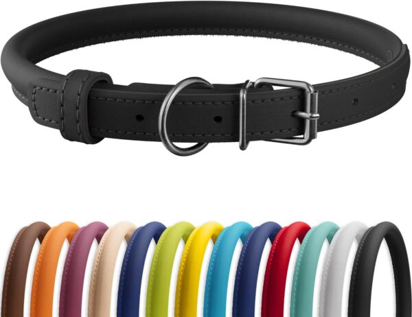 CollarDirect Rolled Leather Dog Collar, Soft Padded Round Puppy Collar, Handmade Genuine Leather Collar Dog Small Large Cat Collars 13 Colors (11-14 Inch, Black Smooth)