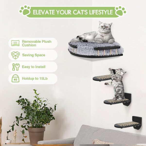 Cat Wall Furniture Set with Plush Cushion, Cat Hammock Cat Wall Shelves with 3 Cat Wall Steps, Cat Shelves and Perches for Wall Climbing Shelves for Indoor, Black Indoor Cat Shelves Wall Mount - Image 2