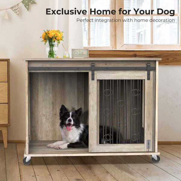 Dog Crate Furniture with Divider for 2 Small to Medium Dogs, Wooden Cage End Table, Heavy Duty Indoor Puppy Kennel with Removable Divider and Sliding Door, Grey, 39.37''W*25.2''D*28.94''H - Image 6