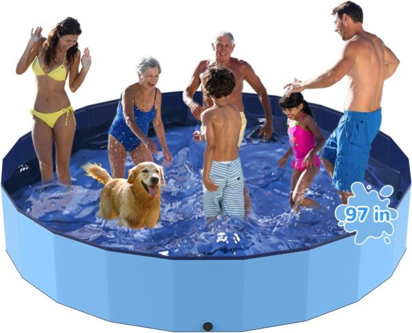 97'' Foldable Dog Pool, Kiddie Pool, Plastic Non-Slip Kids Pool, Heavy Duty Dog Pool for Large Dogs, Oversized Pet Dog Bathtub, Indoor and Outdoor Kids Pet Wading Pools