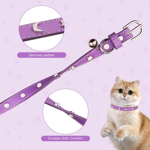 2PCS Leather Cat Collars,Cat Collar with Bells Stylish Moon & Star Rivets Adjustable Kitten Collars Cat Collar for Girl Cats,Purple&Pink(XS) - Image 5