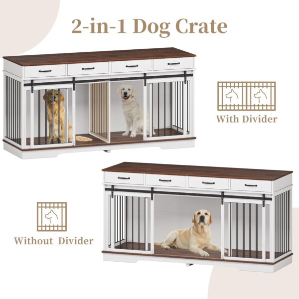 71" Extra Large Dog Crate Furniture, Steel Frame Dog Crates with 4 Drawers, Divider, Sliding Barn Door for Small Medium Large Dogs, Indoor Luxury Double Dog Kennel Furniture for 2 Dogs (White) - Image 3