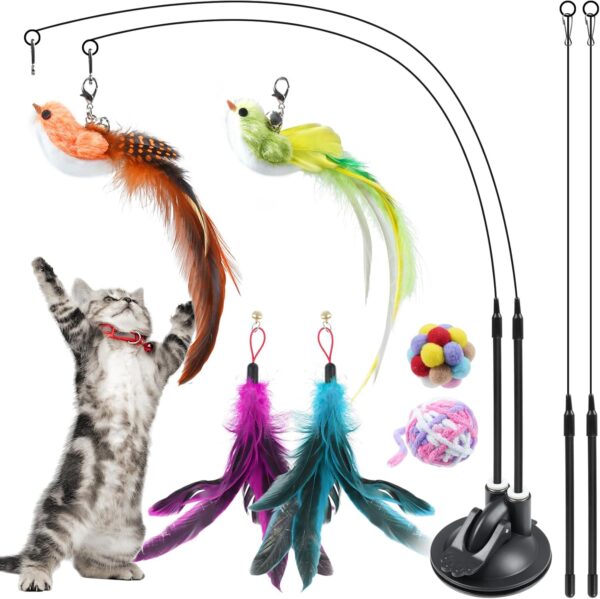 ROSAUI Cat Feather Toys with 1 Suction Cup and 4 Wands, 3 in 1 Cat Toys for Bored Cats, Interactive Cat Toy for Indoor Cats, Kitten Toy with Balls and Birds