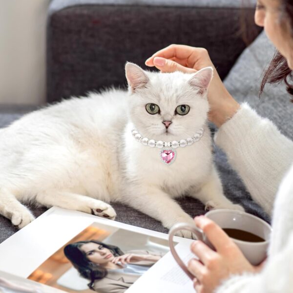 Cat Pearl Necklace Collar, Cute Rhinestone Puppy Collar Shine Small Cat Necklaces Pet Collar with Bling Accessories for Kitten Small Dogs Wedding Birthday Party(M,Pink) - Image 5