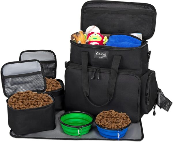 Dog Travel Bag, Weekend Pet Travel Set for Dog and Cat, Airline Approved Tote Organizer with Multi-Function Pockets, 2 Food Storage Containers, 2 Collapsible Bowls, 1 Feeding Mat,Black1