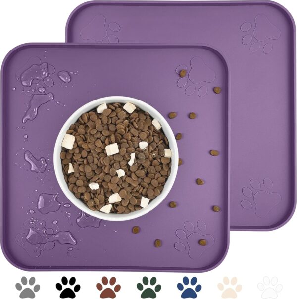 Ptlom 2 Pack Dog Food Mat Non-Slip Dog Bowl Mats for Food and Water, High-Lips Pet Placemat Waterproof Dog Feeding Mat Prevent Messy Spills, Silicone Puppy Dish Tray for Small Medium Large Dogs Cats