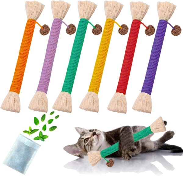 Cat Toys 6Pcs Catnip Toys for Indoor Kitten Cat Chew Silvervine for Molar Scratch Interactive Cat Cotton Rope for Cleaning Teeth Cat Dental Stick Cat Treat Kitty Self Play Cat Kick(5.9”)