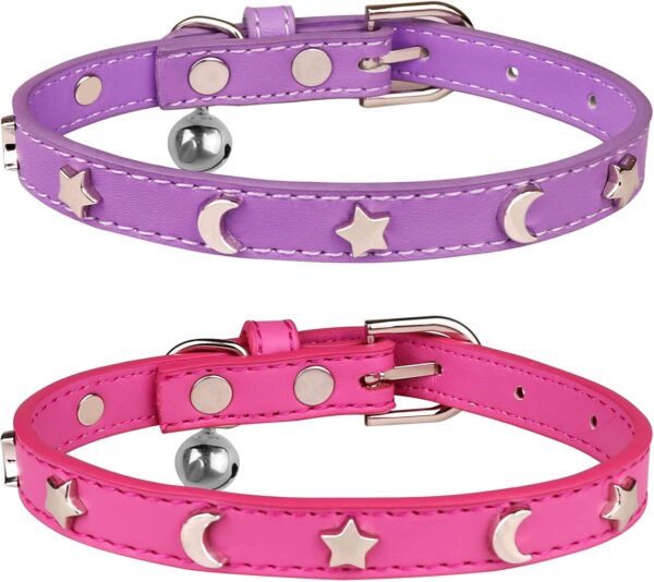 2PCS Leather Cat Collars,Cat Collar with Bells Stylish Moon & Star Rivets Adjustable Kitten Collars Cat Collar for Girl Cats,Purple&Pink(XS)