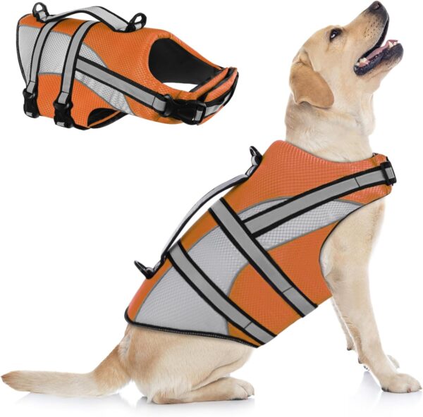 KOESON Ripstop Dog Life Jacket, Dog Life Vest with Superior Buoyancy Pet Swimming Safety Vest with Rescue Handle, Dog Float Coat Dog Life Preserver Lifesaver for Small Medium Large Dogs Orange XS