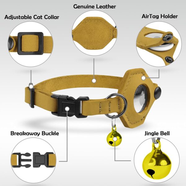 Breakaway Leather Airtag Cat Collar with Bell - Soft Pet Collar with Apple Air Tag Holder - Adjustable GPS Collars for Girl Boy Cats Kitten Puppy - Lightweight and Cute (Yellow) - Image 4