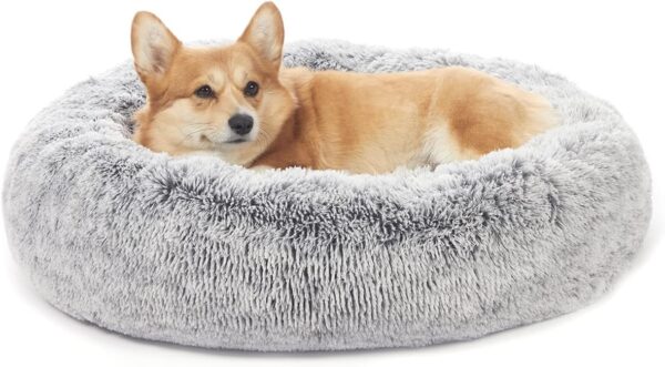 Calming Donut Dog Bed, 30 Inches Round Fluffy Dog Beds for Medium Dogs, Anti-Anxiety Plush Dog Bed, Machine Washable Pet Bed (Dark Grey, Medium)